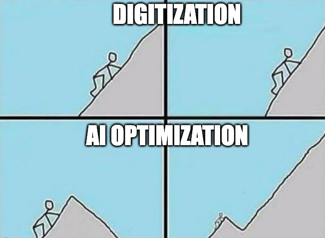 Meme image showing a stick figure climing a mountain with the text "Digitization" in the top half of the image, then showing the same figure is actually just climbing a small part of a huge mountain the bottom half, with the the text "AI Optimization" written on it.
